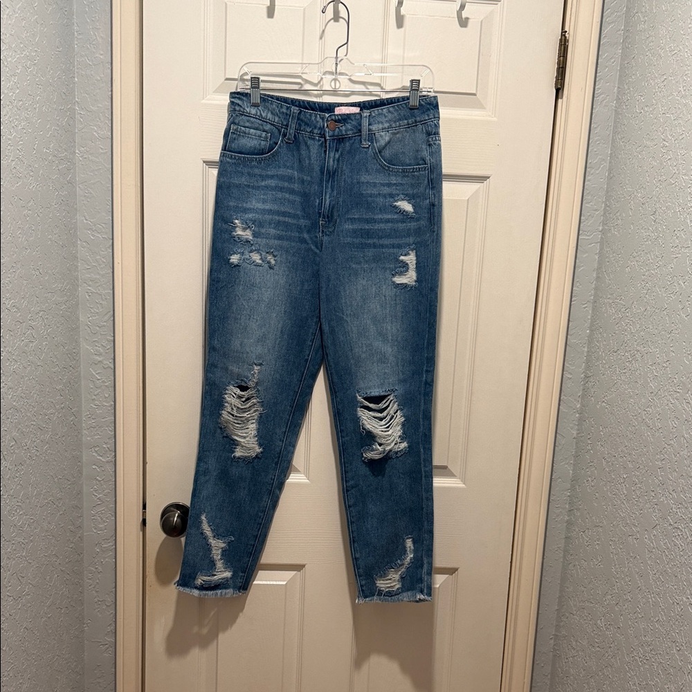 Pink Lily Distressed Ankle Jeans in Blue